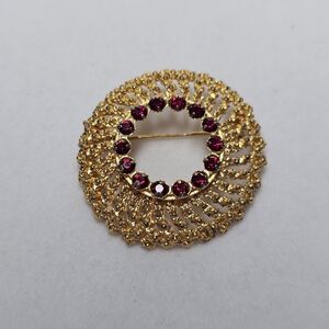 "4 for $20" Gold-Tone Round Brooch with Red Rhinestones
